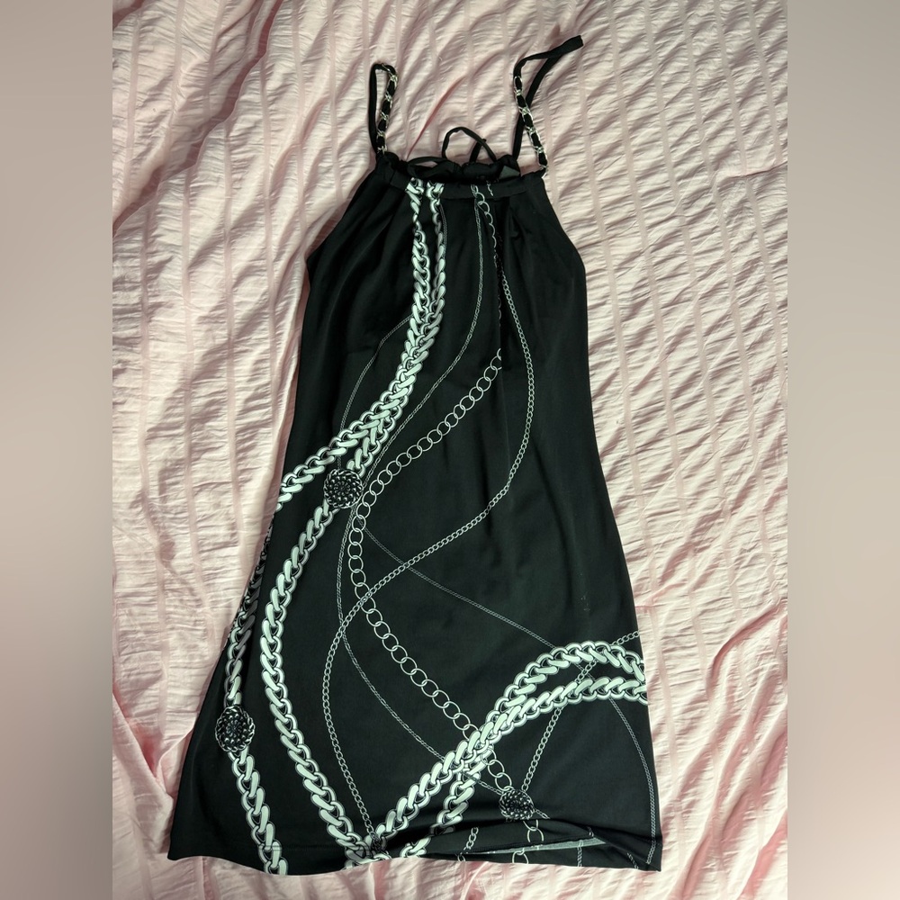 White House Black Market Strapless Black Dress with Chain Print